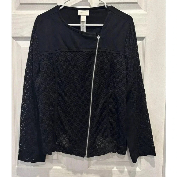 Chico's Lace Mixed Media Moto Jacket Size Chico’s 3 Size 16 XLarge Black Stretch - Picture 1 of 8